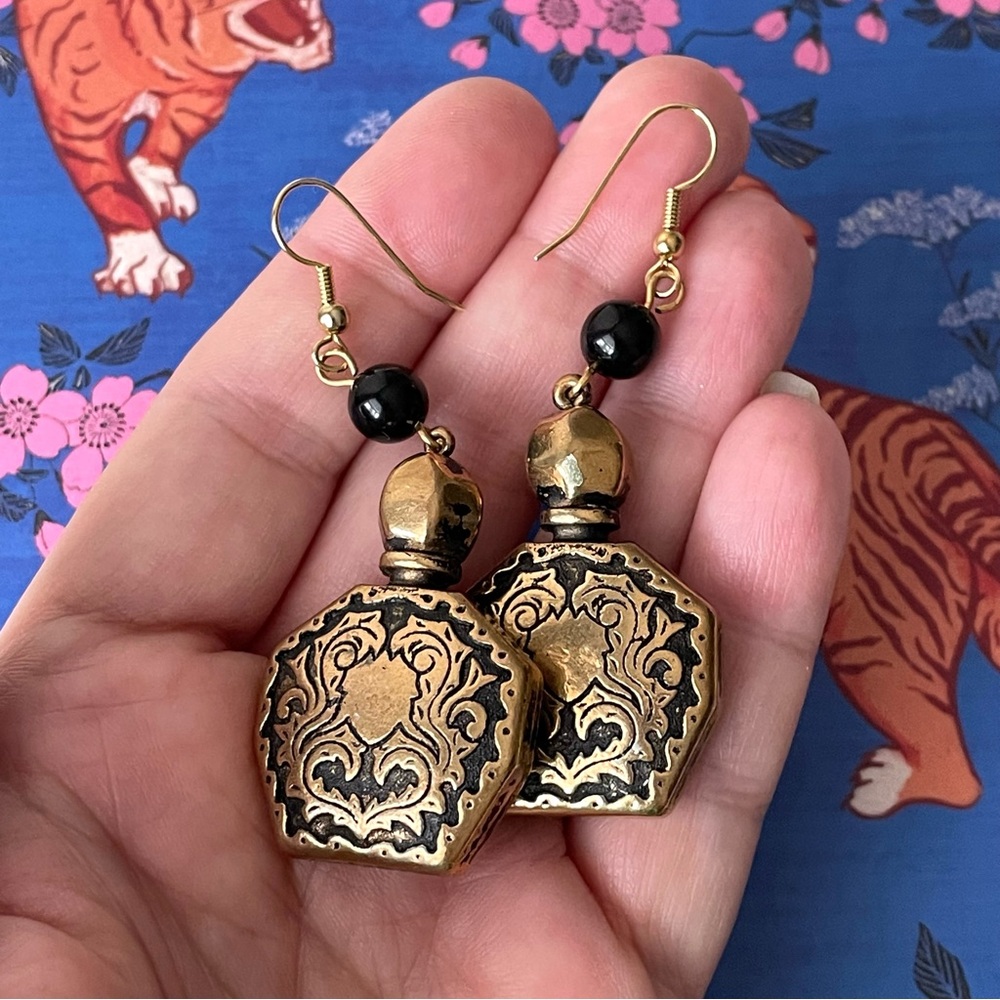 Exotic vintage brass/goldtone octagonal dangle earrings boho festival maximalist